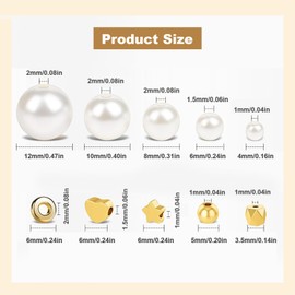 800 Pieces White Beads for Threading Set, Faux Pearl Spacer Beads and Craft Beads Kit, Round Jewellery Beads 4/6/8/10/12 mm Loose Beads, 5 Shapes Gold Spacer Beads for DIY Necklaces, Bracelets
