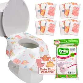 Potty Shields Toilet Seat Covers Disposable (12 pk, Dinosaurs) - XL Waterproof Toilet Cover for Toddlers, Kids & Adults - Portable & Individually Wrapped for Travel, Potty Training, Public Restrooms