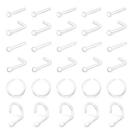 MixPiercing 30 Pcs Clear Nose Studs Hide Piercing for School, Invisible Flat L Shape Flexible Small Plastic Nose Ring Retainers for Daily Work Surgery 20G