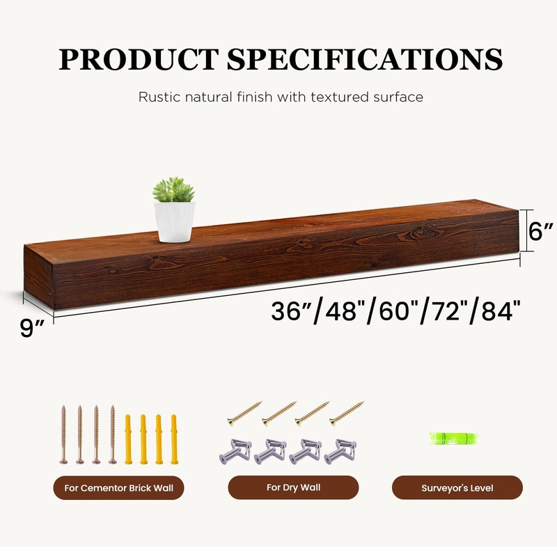 LDB_BUILDING 84" Solid Wood Fireplace Mantel, 6" Thick Rustic Floating