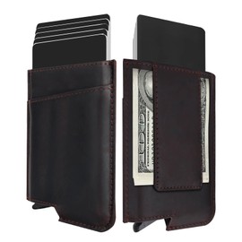 Sorftin Pop Up Wallet for Men - Slim RFID Blocking Genuine Leather Credit Card Holder with Aluminum Case, Minimalist Smart Trigger Wallet with Quick Access Ejector & Cash Strap (Coffee)