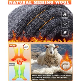 Hylaea Merino Wool Ski Socks, Cold Weather Socks for Snowboarding, Snow, Winter, Hunting, Thermal, Knee-high Warm, Outdoor Sports Grey Black 2 Pairs Large