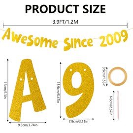 Awesome Since 2009 Gold Glitter Banner 16th Birthday and Anniversary Party Decorations for Sparkling Milestone Party Decor for Man Women Happy 16th Birthday Banner Party Supplies