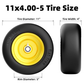 RONPOW 11x4.00-5 Lawn Mower Tires Flat Free, Zero Turn Mower Front Tires, 11x4-5 Solid Mower Wheel for Residential and Commercial, 3/4" and 5/8" Bearing, 3.4"-5" Center Hub, 2Pack Yellow, 350Lbs