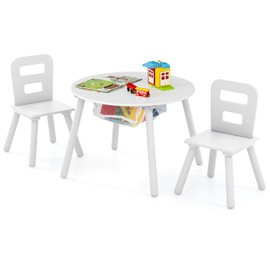 Costzon Kids Table and Chair Set, White Wooden Activity Table with Storage and 2 Chairs for Arts Crafts Snack Time