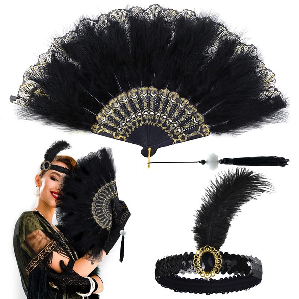 Black Hand Fan Folding, Vintage Style 1920s Artificial Feather Fan Embroidered Flower Lace Folding Fan Handheld with Flapper Gatsby Headpiece for Costume Wedding Halloween Dancing Photoshoot