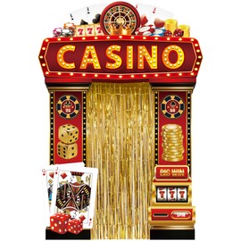 5Pcs Casino Night Porch Banner with Gold Foil Fringe Curtain Themed Backdrop Las Vegas Photography Background Poker Welcome Party Decor for Las Vegas Movie Night Birthday Party Supplies（Casino）