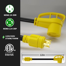POWGRN 30 Amp to 50 Amp RV Generator Adapter Cord 1FT(12 Inch), NEMA L14-30 Male Plug to NEMA 14-50 Female Plug, 4 Prong Heavy Duty Power Cord, 10 Gauge STW, 30A 125V/250V, Black-Yellow, ETL Listed