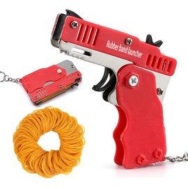 QKUDNGHY Kids Toys Cool Keychain Rubber Band Mini Metal Folding Rubber Launcher Toy with 60 Elastic Rubber Bands for Game Outdoor Activities (red)