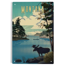 Lantern Press 6x9 Inch Metal Sign, Montana, Moose and Lake, Lithograph