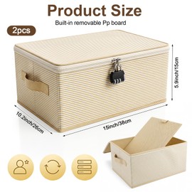 2 Pack Discreet Lockable Storage Organizer with Combination Locks, 15 x 10 x 6 Inches Foldable Toy Bag Storage Bins for Women and Men Clothes Container (Coffee Brown Stripes)