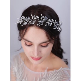 JWICOS Bride Wedding Crystal Hair Vine Pearl Bridal Hair Piece Wedding Hair Accessories Headband for Women and Girls (Silver)