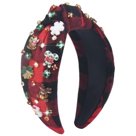 ABONDEVER Christmas Headbands for Women Rhinestone Knotted Headband Jeweled Santa Headband Crystal Snowflake Plaid Holiday Headband Christmas Hair Accessories Gifts (Black Red Plaid)