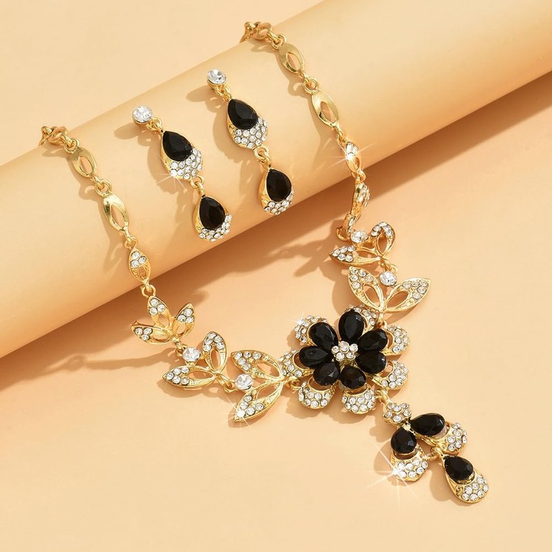 TTPSRY Jewelry Set for Women Crystal Flower Necklace Earrings Teardrop