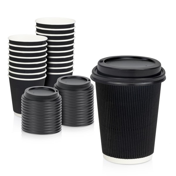 Fit Meal Prep [250 Pack] Disposable Hot Cups with Lids - 12 oz Black Double Wall Insulated Ripple Sleeves Coffee Cups with Black Dome Lid - Kraft Paper Cup for To Go Chocolate, Tea, and Cocoa Drinks