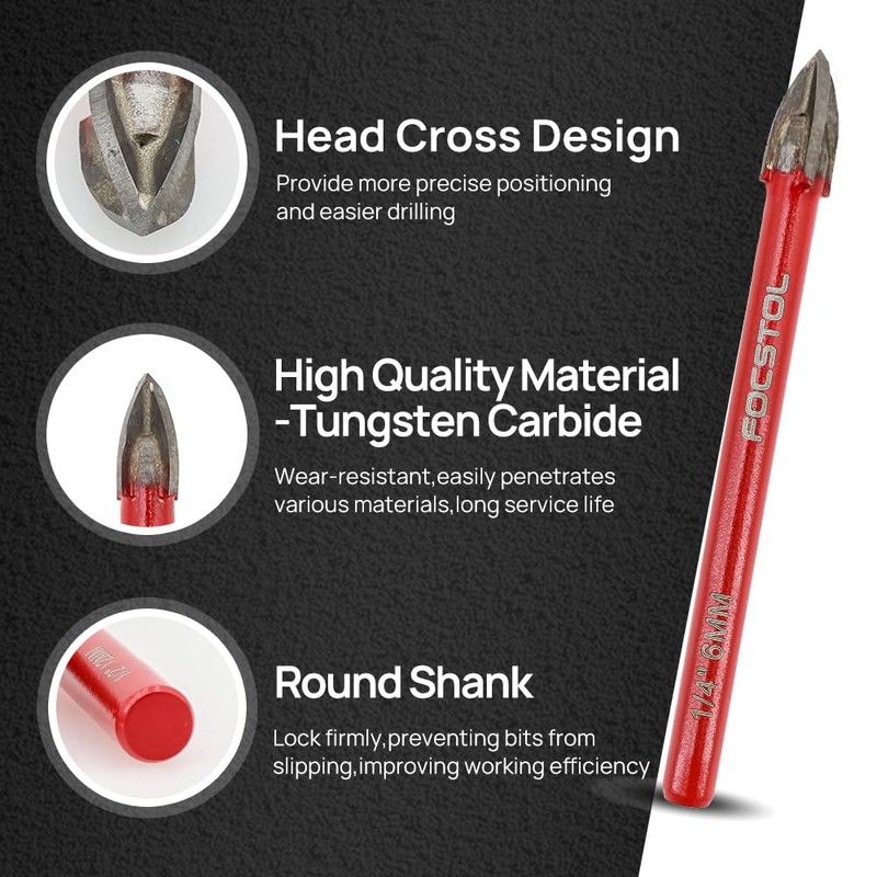 FOCSTOL Tile Drill Bit Set - 10 Pieces Carbide Drill