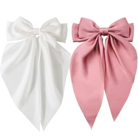 Big Bow Hair Clips,White & Pink Hair Bows for Women,Silky Large Hair Bows for Girls, Barrettes French Bowknot Hairpin Hair Clip with Long Silky Satin Tail,Christmas Hair Accessories for Teenage Girls