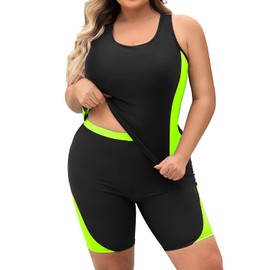 Daci Women's Plus Size Tankini Swimsuit - Two Piece Rash Guard with Capris Shorts and Athletic Racerback Bathing Suit Neno Yellow L