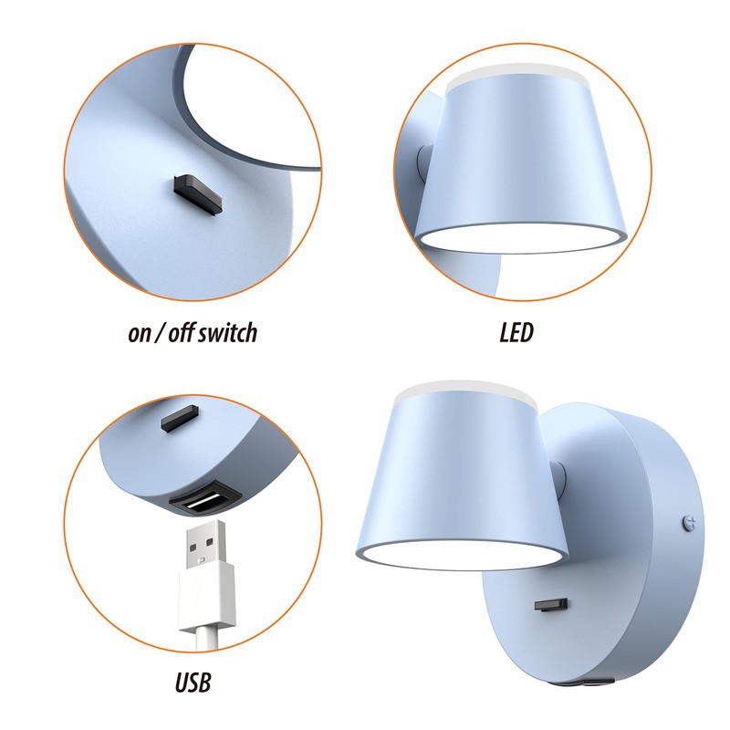 URSOLA Wall Light LED Wall Sconce with On/Off Switch USB