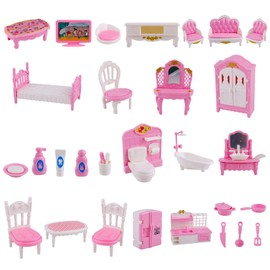 Tinoaly 32stk Miniatur Puppenhaus Möbel Zubehör Set, 1:12 Maßstab Mini Haus Möbel Geschenk Winziges Schlafzimmer Wohnzimmer Badezimmer Küche Mini Szene Rollenspiel Spielzeug für Kinder, Mädchen (Rosa)