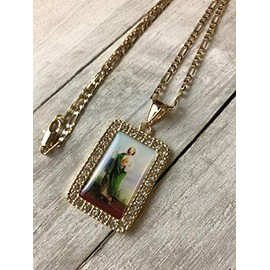 OOKI-24 inches Beautiful Saint Jude Gold Color Rosary Beads with Rhinestone Necklace Stainless Steel Cross