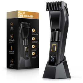 Men's Beard Trimmer-All-in-One Mustache Trimmer for Men with 20 Length Adjustable, Stainless Steel T-Blade for Precision Facial Hair Trimming Cordless IPX7 Waterproof Wet/Dry Clipper,LED Display