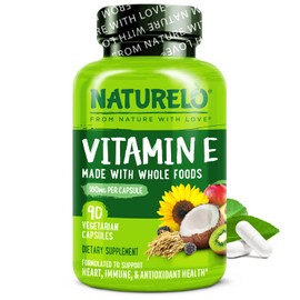 NATURELO Vitamin E Capsules 180 mg - 90 Vegan Capsules | Supports Skin, Hair, and Nails | Immune and Eye Health | Natural Mixed Tocopherols & Whole Foods | Non-GMO, Dry Vitamin E