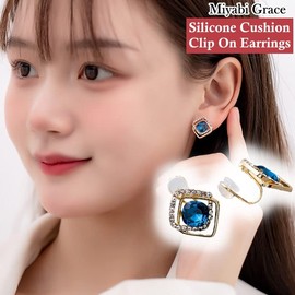 Silicone Cushion Clip On Earrings For Women Square Blue Crystal Rhinestone Gold Silicon Pad Comfortable Non Pierced Invisible Clip Earrings Miyabigrace