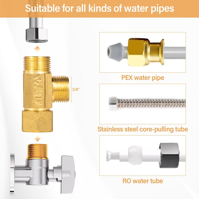 Breezliy Brass Angle Stop Add-A-Tee Valve, 3/8-Inch Compression Inlet x