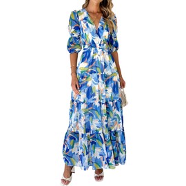 LunaJany Women's Casual Short Sleeve Floral Print Tiered Flowy Maxi Dress Blue S