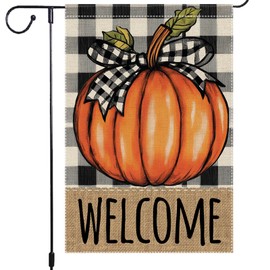 Welcome Thanksgiving Pumpkin Garden Flag Fall Garden Flags 12x18 Inch Double Sided Burlap Autumn Buffalo Plaid Bowknot Yard Outside Decor Small Harvest Flag for Outdoor Porch Villa Lawn Decorations