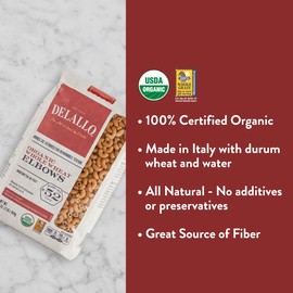 DeLallo Whole Wheat Elbow Macaroni Pasta, 1 Pound Bag, 7 Pack, 100% Organic, Made in Italy, High Protein