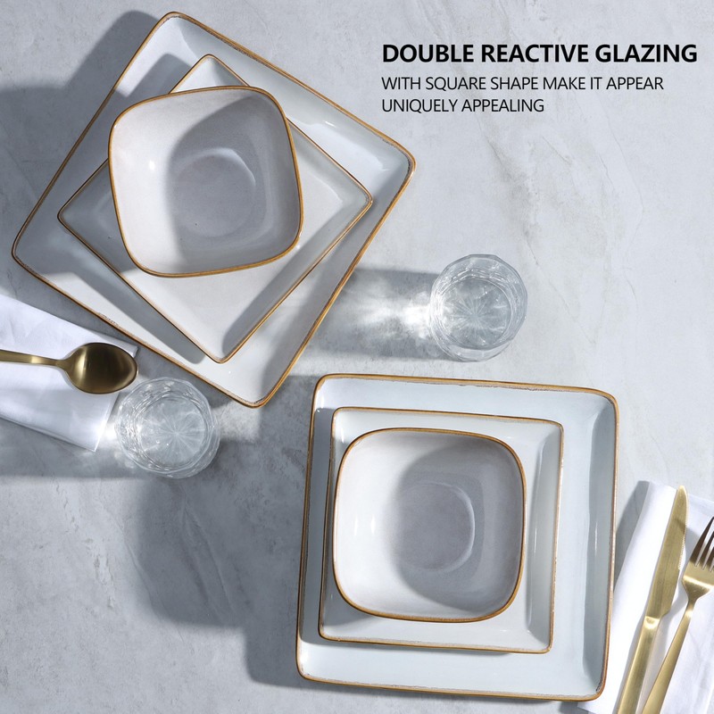 E-far Square Plates and Bowls Sets, 12-Piece Stoneware Dinnerware Sets