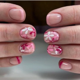 Flower Press on Nails Short Square Fake Nails Pink False Nails with Designs Floral Stick on Nails Cute Glossy Full Cover Acrylic Artificial Glue on Nails for Women Nails Decorations 24Pcs