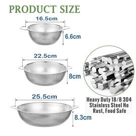 Set of 3 Stainless Steel Colander, 1/3/5Quart, Metal Sink Colander Strainer with Handle, Perforated Strainer for itchen/Draining Pasta/Rinsing Vegetables Fruits, Heavy Duty