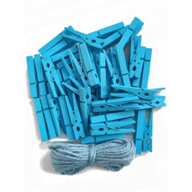 1.9" Wooden Clothespins Hanging Clothes Pins Clip Photo Holder DIY Gift Festive Party Decor with Bright Blue Jute Twine Pack 50
