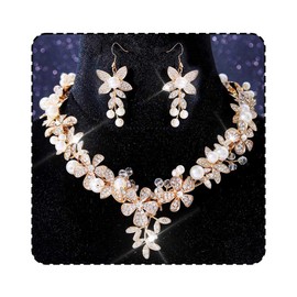 Unicra Crystal Flower Bridal Wedding Jewelry Set Rhinestone Necklace Earrings Sets Pearl Formal Costume Jewelry for Women and Brides (Gold)