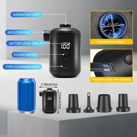 Elektrische Luftpumpe, 3600mAh USB-Ladebare Akku-Pumpe, Mini Luftpumpe Elektrisch Inflator, 280L/Min, mit 4-Düsen-Set, Digitale Akku-Anzeige, Tragbar für Luftmatratze, Schwimmring, Camping & Reisen