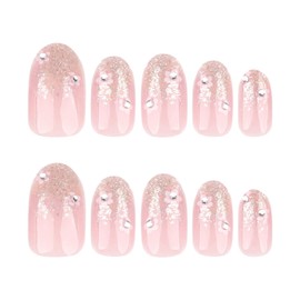 Oval Press on Nails Short Fake Nails with Rhinestones Flower Designs Glitter Glue on Nails Press ons Nude Full Cover Glossy False Nails Artificial Stick on Nails for Women Girls 24Pcs