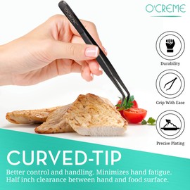 O'Creme Stainless Steel Precision Kitchen Culinary 8 Inch Tweezer Tongs (8" Curved, Black)