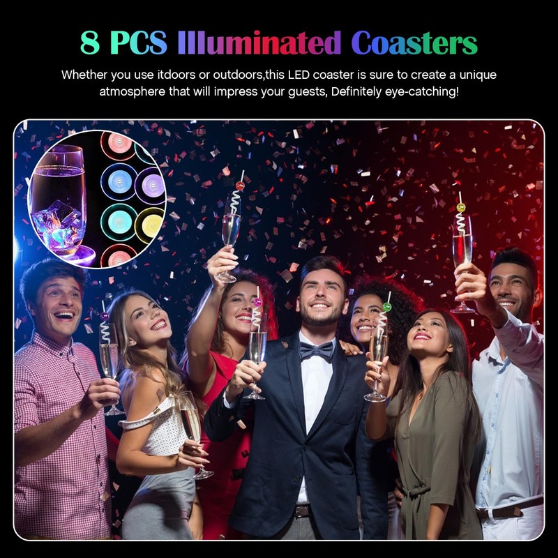Pack of 8 LED Coasters, Colourful LED Coasters, Luminous with
