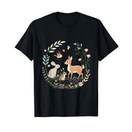 Woodland Animals in Cottagecore Garden Fawn Rabbits Songbird T-Shirt