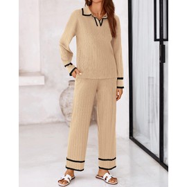 BTFBM Womens 2 Piece Outfits Fall Winter 2024 Long Sleeve V Neck Sweater and Wide Leg Pants Lounge Sets Knit Tracksuits(Solid Khaki, Large)