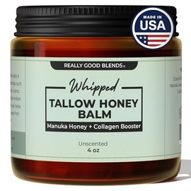 Bálsamo de sebo batido con miel de manuka – 4 onzas | Mantequilla corporal que estimula el colágeno | Hidratante de sarga de res 100% orgánica con Gotu Kola y rosa mosqueta | Crema para rostro, cuerpo y piel | Fabricado en Estados Unidos (sin perfume)