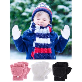 EBOOT Kids Gloves Full Fingers Knitted Gloves Warm Mitten Winter Favor for Little Boys and Girls(Color Set 10, 4-12 Years Size, 3 Pairs