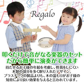 Regaro Educational Percussion Instrument Set, Kids, Toy, Wood, Percussion, Gift, Kids, Toy, Tambourine, Triangle, Castanet, Wood Blocks, Handbell, Music, Colorless, Natural, 5 Types, 7 Pieces