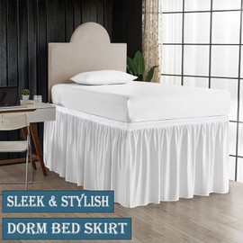 KI LINEN Dust Ruffled Dorm Bed Skirt - Premium 100% Microfiber Extra Long College Dorm Room Bed Skirt - Split Corner, Wrinkle Free & Stain Resistant - White, (Twin XL -34" Drop)