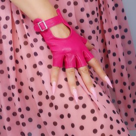 DooWay Women's Short Leather Driving Gloves Gloves Rose Pink Genuine Sheepskin Leather Motorcycle Half Finger Gloves