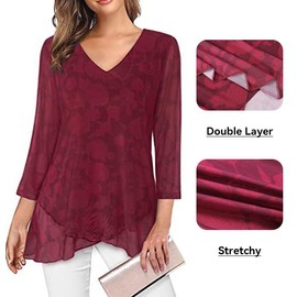 SHEKINI Womens Dressy Tunic Tops V Neck 3/4 Sleeve Blouse Double Layers Cross Hem Shirts Loose Flowy Summer T Shirts S-3XL Burgundy