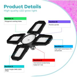 2Pack 400W Foldable Full-Spectrum Plant Growth Lights E26/E27 LED Greenhouse Hydroponic Lamps Indoor Plants Luminaires Red-Blue Spectrum for Herb Vegetable Cultivation Growth Chamber Supplement Light